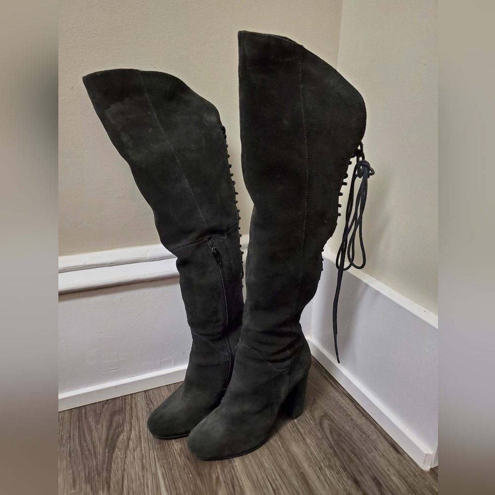 Steve Madden Knee High Suede Lace-Up Back Heeled Boots - Women's Size 7.5